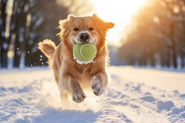 Friendly happy dog running at fast pace towards the camera in a city park on snowy winter day. Walking a dog outdoors.