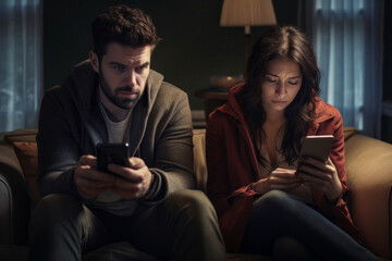 Sad couple checking their smartphones. Depressed man and woman doom scrolling through news on their phone screens. - obrazy, fototapety, plakaty