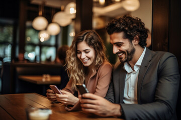 Cheerful romantic couple looking at their phone screens during a date in fancy restaurant. Man and woman checking smartphones at dinner in a cafe. - obrazy, fototapety, plakaty