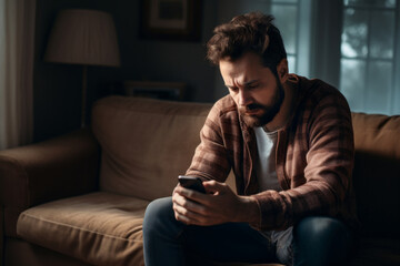Sad man checking his smartphone. Depressed person doom scrolling through news on his phone screen. - obrazy, fototapety, plakaty
