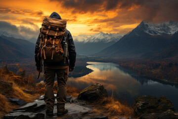 Man admiring beautiful landscape on scenic sunset. Adventurous young man with backpack. Hiking and...