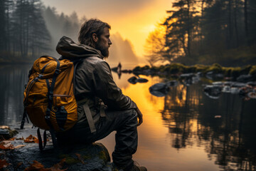 Man admiring beautiful landscape on scenic sunset. Adventurous young man with backpack. Hiking and trekking on a nature trail. Traveling by foot.