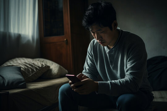 Sad man checking his smartphone. Depressed person doom scrolling through news on his phone screen.