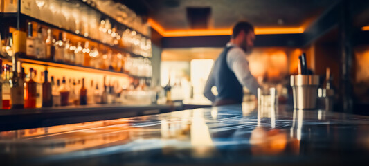 Blur shot of classic luxury counter bar drink.cocktail bartender with  light gold bokeh background.beverage concepts - obrazy, fototapety, plakaty
