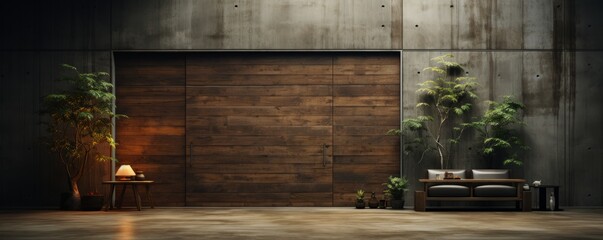 In this modern minimalist living room with a large old wooden door, doors with architrave, and stains on the door, there is a minimalist style and futuristic interior design. - obrazy, fototapety, plakaty