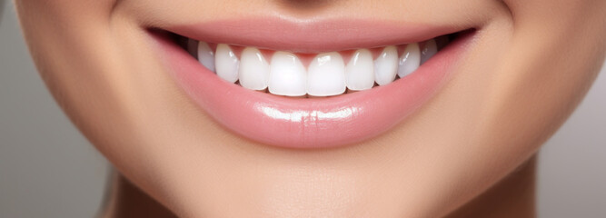 Closeup of smile with white healthy teeth - obrazy, fototapety, plakaty