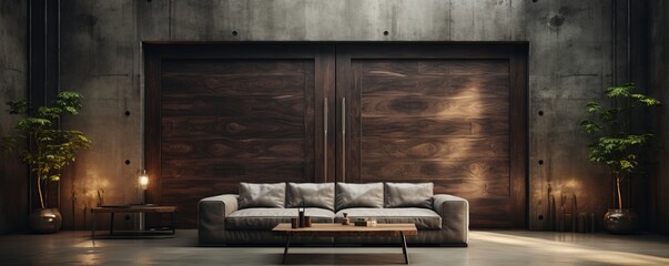 In this modern minimalist living room with a large old wooden door, doors with architrave, and stains on the door, there is a minimalist style and futuristic interior design.