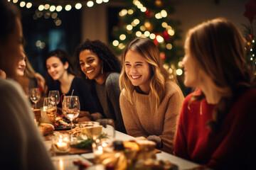 Group of cheerful friends having fun eating Christmas dinner together by decorated table. Young people having a get together on winter night.