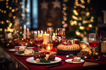 Fototapeta premium Christmas festive table setting with candles and holly berry plants. Celebrating New Year.