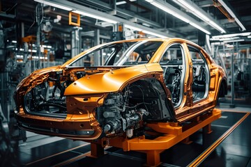 Photo of automobile production line. Modern car assembly plant. Modern and high-tech automotive industry