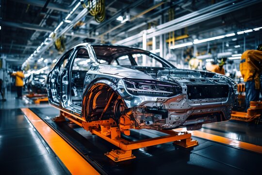 Photo Of Automobile Production Line. Modern Car Assembly Plant. Modern And High-tech Automotive Industry