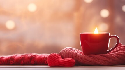 Valentine's Day Love and Candle light in a Cozy Tea and Coffee Mug, Pink and Red Heart Background