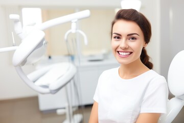 white caucasian woman happy in a dentist professional studio