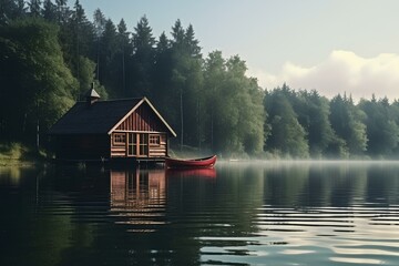 Fototapeta premium Vintage Wooden Boathouse on a Calm Lake. generative AI