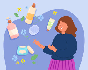 Woman with scar on hand choosing effective treatment vector illustration. Different cosmetic products, herbal creams for scar care. Treatment, beauty, cosmetic concept