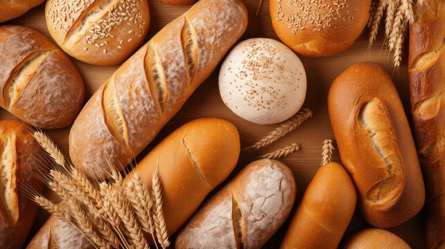 Fresh bread background with ears of wheat.