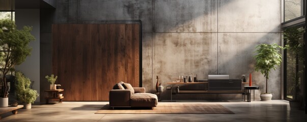 In this modern minimalist living room with a large old wooden door, doors with architrave, and stains on the door, there is a minimalist style and futuristic interior design. - obrazy, fototapety, plakaty