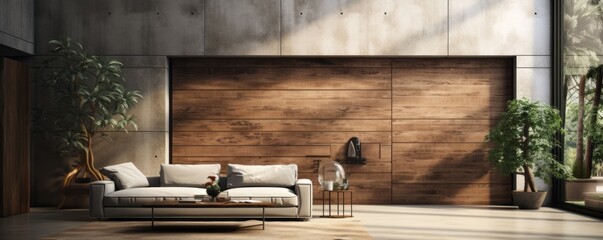 In this modern minimalist living room with a large old wooden door, doors with architrave, and stains on the door, there is a minimalist style and futuristic interior design.