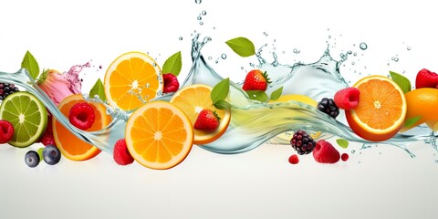 Swirl water splash with fruits. liquid flow with ice cubes and a mix of fresh fruits. - obrazy, fototapety, plakaty