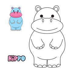 Vector illustration. Coloring book , Coloring hippo. Cartoon animal. Clipart set for nursery poster, Practice skills