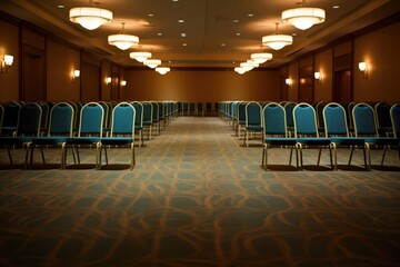 rows of empty ballroom dance chairs under spotlight