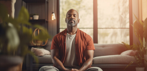 Mature senior man practice guided meditation for mental health problems and peace - obrazy, fototapety, plakaty
