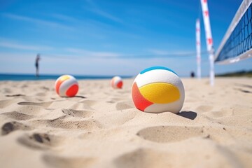 beach volleyballs left near the net