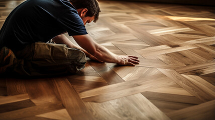 man installing parquet floor at home
