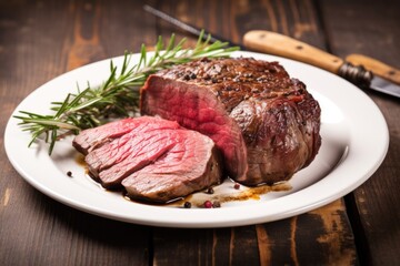 fork-tender beef roast on plate, accompanied by garlic and rosemary