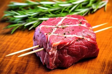 close-up of a beef roast with a rosemary sprig toothpick flag