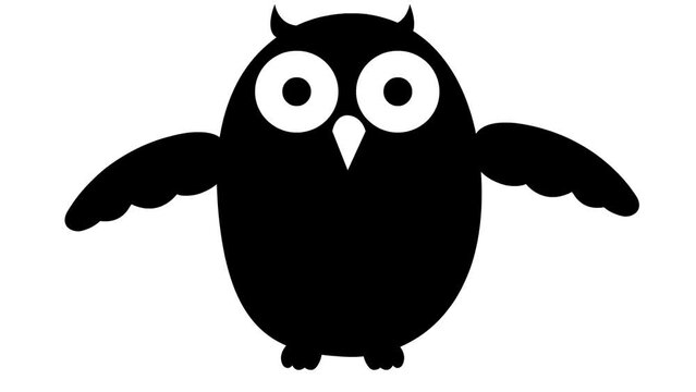 Animated funny black owl flies. Looped video. Vector illustration isolated on a white background.