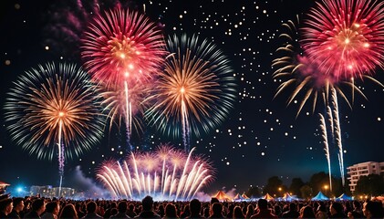 Obraz premium A vibrant fireworks display illuminating a starry night sky, casting colorful bursts of light on a lively crowd gathered in celebration of Silvester