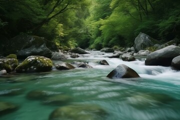 Flowing mountain river among boulders, clear water in deep forest, slow motion. Generative AI