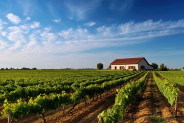 wide angle view of a farmhouse amidst vineyards