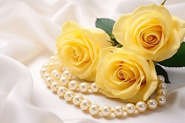 Yellow roses bouquet and pearls,in white background.