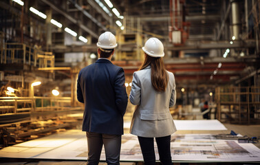 two professional engineer,worker,technician use clipboard discuss work, walk in steel metal manufacture factory plant industry. Black African American man and woman wear hard hat check quality machine