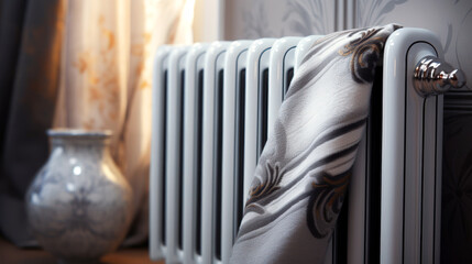 Central heating system. Home radiator close-up. Warm plaid hanging on the battery closeup.