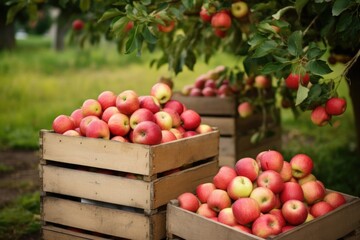 freshly picked apples in wooden crates