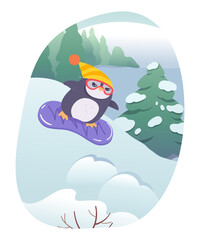 Cute penguin snowboarding vector illustration. Cartoon funny freestyle ride of animal snowboarder with glasses and snowboard, extreme winter sport outdoor of happy adorable penguin character