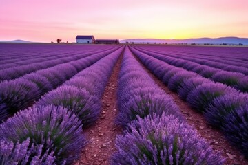 a wide shot of lavender fields at sunrise