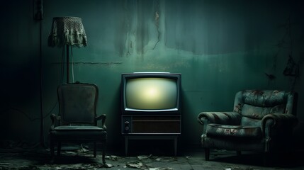 Timeless Communication: Classic Television Set with Nostalgic Buttons and Grunge Background