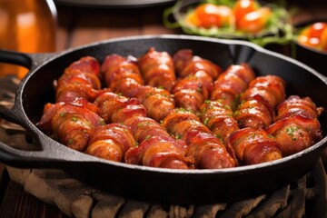 serving a sizzling sausage link wrapped in bacon from a skillet
