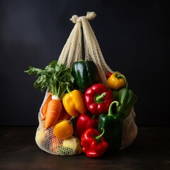 different vegetables in a white mesh bag on a black background, side view