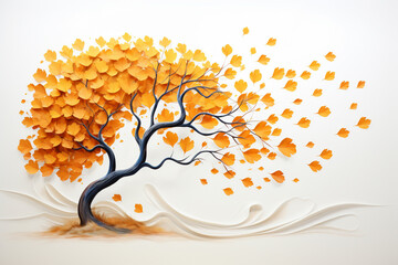 Serene beauty of an autumn tree as golden leaves rustle in the wind, set against a pure white backdrop. Ai generated