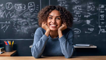 Woman at a podium in a classroom with chalkboard in the background. Created with Generative AI technology