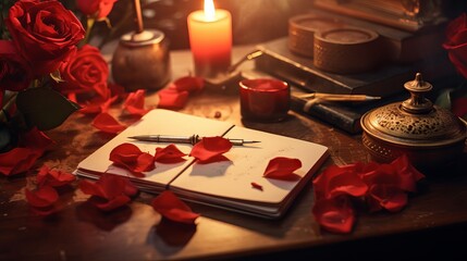 Obraz na płótnie Canvas Roses Petals and Love Letters - A Romantic Valentine's Day Celebration with Diary Book, Pencil and Candle LIght