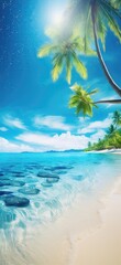 Fototapeta na wymiar Blurred Palm Tree Glittered On Sand With Tropical Beach Bokeh Ocean