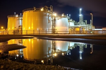 night shot of lights reflected on the fuel storage tanks