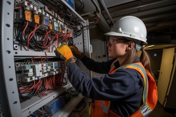 A female commercial electrician at work on a fuse box, adorned in safety gear. Professional electrician.