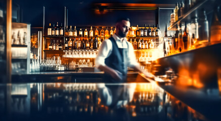 Blur shot of classic luxury counter bar drink.cocktail bartender with  light gold bokeh background.beverage concepts - obrazy, fototapety, plakaty